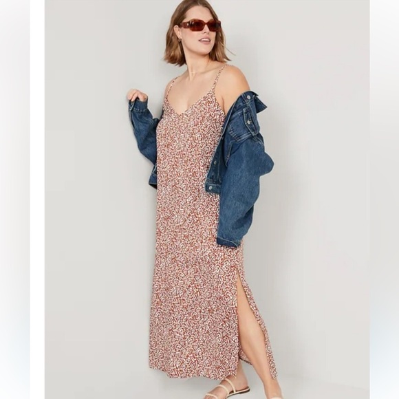 OLD NAVY Tie Back Maxi Slip Dress Brown White Relaxed Minimalist Size Med Tall - Picture 1 of 16